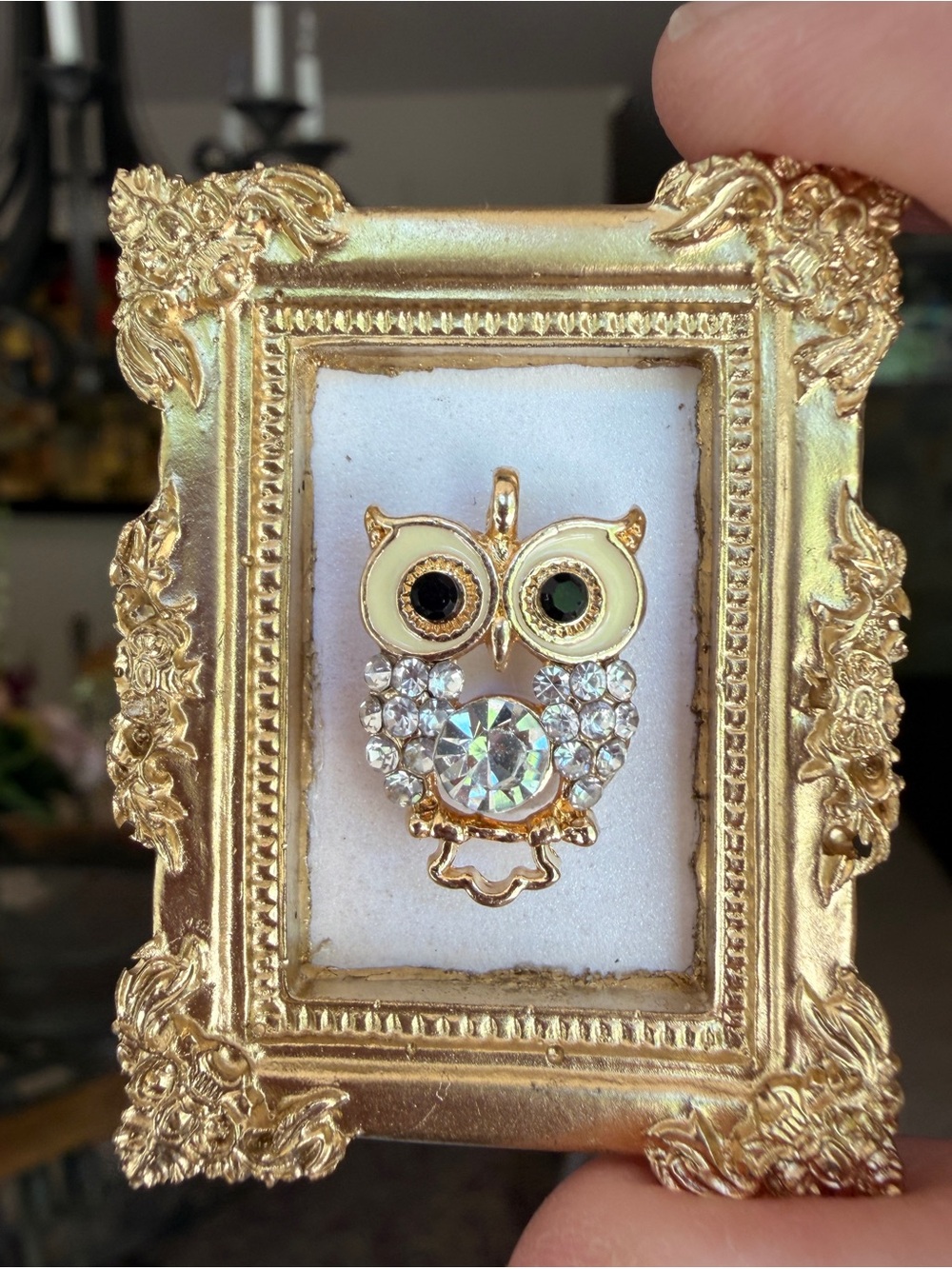 Tiny Vintage Style Gold Framed Refrigerador Owl Magnet
